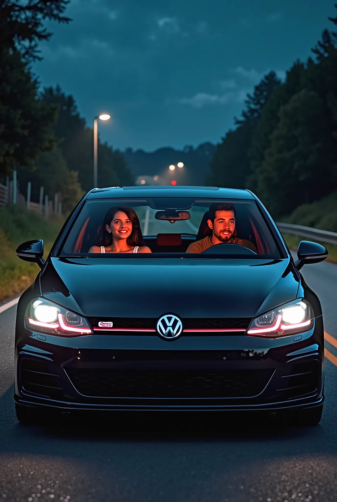 a young couple in a black golf gti in night