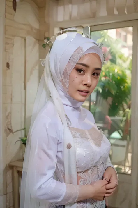  masterpiece ,  realistic , 8k, 1 Javanese girl.  beautiful face and detail. wearing a hijab and a draped wedding dress without a bra. the skin of the body looks faint from the outside of the fabric. horny expression with a viscous  on the face