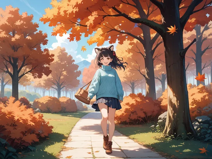 An anime-style illustration of a woman wearing a cozy blue knit sweater with sleeves that slightly cover her hands (moe-sleeves) and a matching skirt, creating a casual and cute look. She is standing in a picturesque autumn landscape filled with vibrant re...