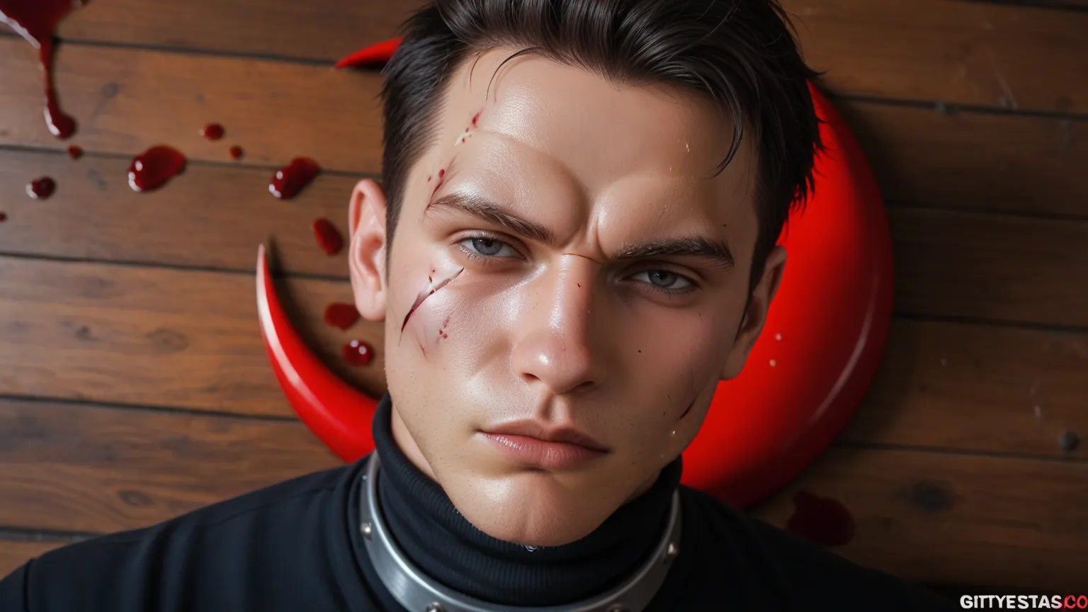 (best quality), 1man, (short_dark_hair_with_silver_streaks:1.3), (crescent_scar_on_cheek:1.4), square_jaw, athletic_build, black_turtleneck, (brooding_expression:1.3), (chiaroscuro_lighting), (bloodstains_on_hands:0.5)  (ultra-detailed skin textures), extr...