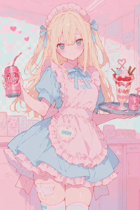 illustration, best quality, dramatic lighting, 00118_illu
,r17329_illu, 15546+456868,masterpiece, best quality, 8k, highres, ultra-detailed,HDR, UHD, illustration, best quality, pop art,
,1girl, long blonde hair, blue eyes, hair bow, cute maid outfit, fril...