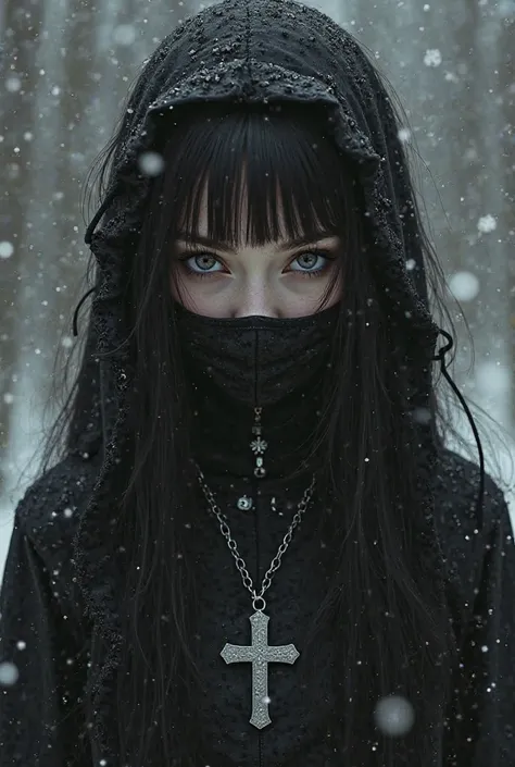  A Girl, in an all-black outfit with a silver cross necklace on the collar,  long black hair , with black snow cover and black mouth mask with black eyes.