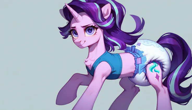 pony unicorn alone , Starlight Glimmer, adult mare, purple mane with blue strand, purple eyes, kind face expression, stands on four hooves, purple tail with blue strand, wearing a blue tank top and a thin crumpled diaper, solo, simple background. 