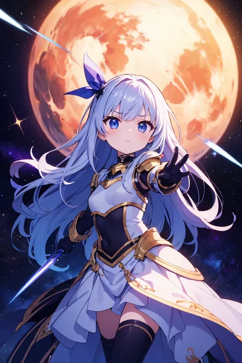 「an anime-style girl fighting a giant robot in outer space。she wears silver armor、has a glowing sword in her hand。a star behind her々and a shooting star sparkles、you can feel the intensity of the battle。a scene that emphasizes the vastness of space and the ...