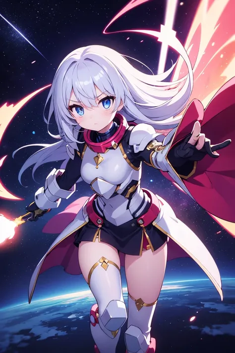 「an anime-style girl fighting a giant robot in outer space。she wears silver armor、has a glowing sword in her hand。a star behind her々and a shooting star sparkles、you can feel the intensity of the battle。a scene that emphasizes the vastness of space and the ...