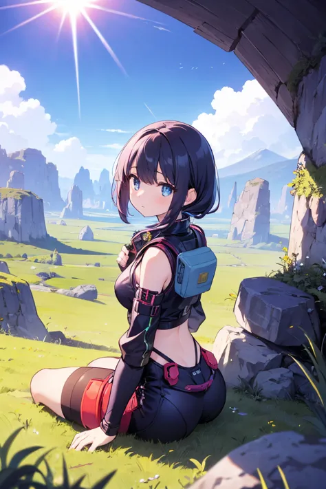 「anime-style girls、a scene where she meets strangely shaped space life forms。The girl wears adventurer equipment、observing those life forms with her eyes wide open。the sky of the planet emits colorful light、floating rocks and mysterious plants adorn the su...