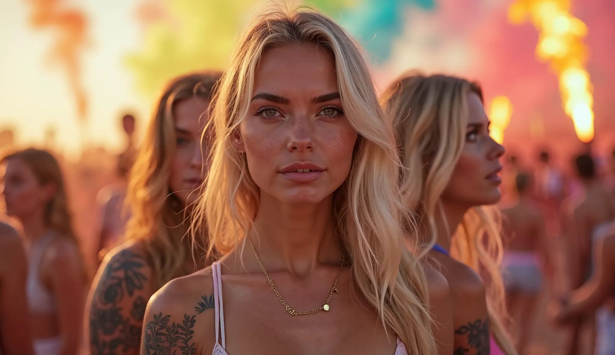 3 beautiful blonde white women with beautiful eyes and fleshy mouths, on the back, mostrando a in this com poucas roupas mostrando seu corpo, in this, and showing tattoos on her beautiful body and in the background a huge desert rave party, with people enj...