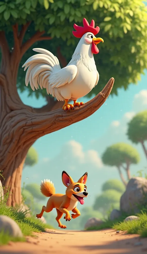 A white rooster is sitting on a tree branch and a jackal is running under the tree and is following the jackal, picture 3d cartoonish 