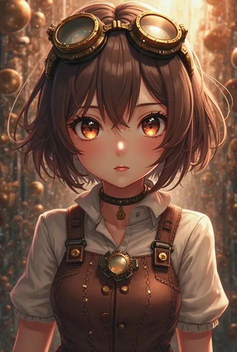 A charming anime girl with short brown hair, intricate, retro, highly detailed, steampunk-themed. Goggles and gears, confident expression, mechanical background, masterpiece, warm and dynamic lighting, finely detailed captivating eyes, hdr, high definition...