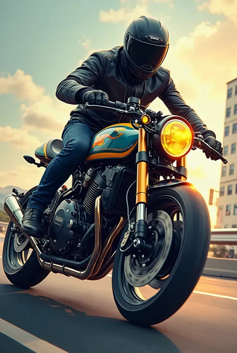 One beautiful men riding a motorcycle tuned to Cafe Racer 、 yellow headlight、 rocket cowl 、Overall view of the motorcycle、glowing exhaust pipe、Movement illustration, Ultra Wide Angle, 