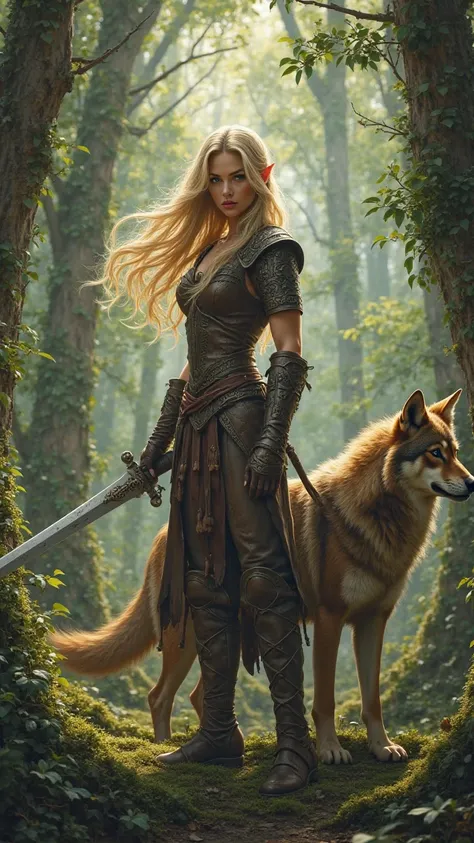 Elven Woman with blond hair. She is swinging a sword. She has leather armor. Her gaze is stinging. She has a wolf as animal follower. Background is in a big forest.