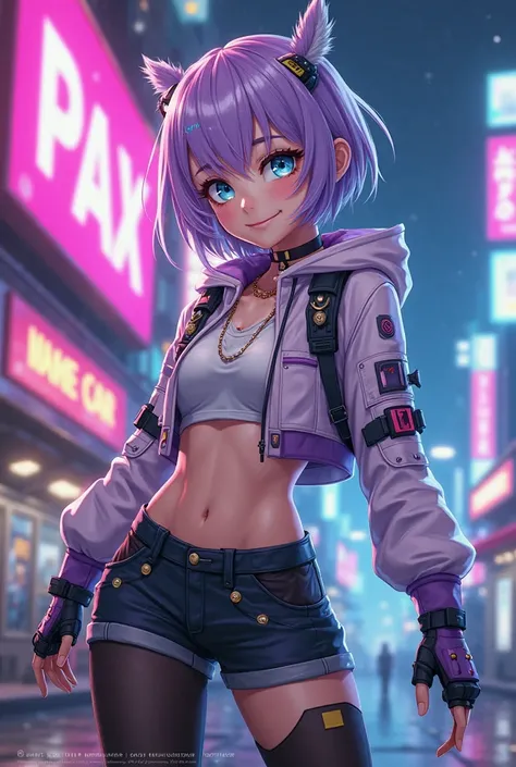 Create a female anime character named Pax. She is a playful and witty young woman with short lavender hair, vibrant electric blue eyes, and a confident smirk. She wears a futuristic crop hoodie with tech-inspired details, fingerless gloves, and stylish ear...