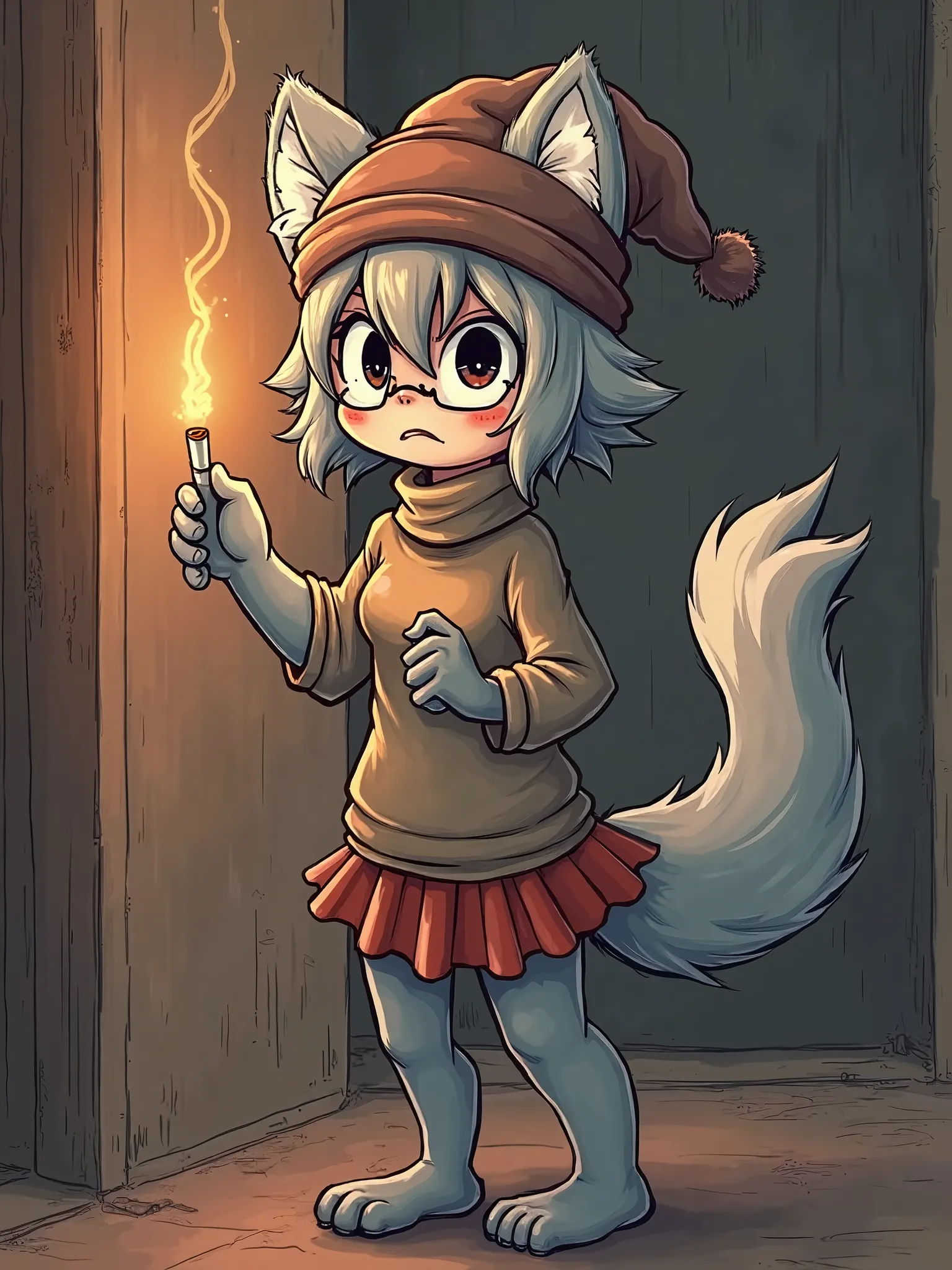 Grey furry girl, anime Scott pilgrim vs the world style face, woman, tall, skirt, skinny, turtleneck, smoking cigarette, warm colors, cozy, flappy ears, all black eyes, brown beanie with ear flaps, grey, scared, earrings, glasses, kemono, furry kemono hand...