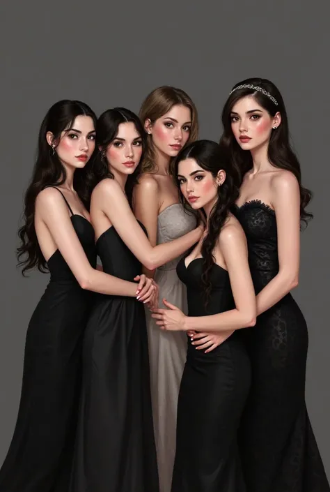 Against a simple dark gray background, a digital painting depicts five women—Cassandra in a sleeveless black slip dress, Thraia in a backless gown, Annaliese in a strapless sweetheart neckline gown, Soleil in a black dress with lace detailing and a headban...