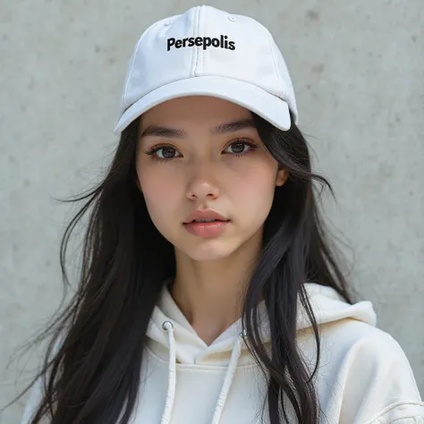 Real photo in full HD quality of a 20-year-old girl with long black hair, a white woven hoodie, and a white tennis cap with the word Persepolis written on it.