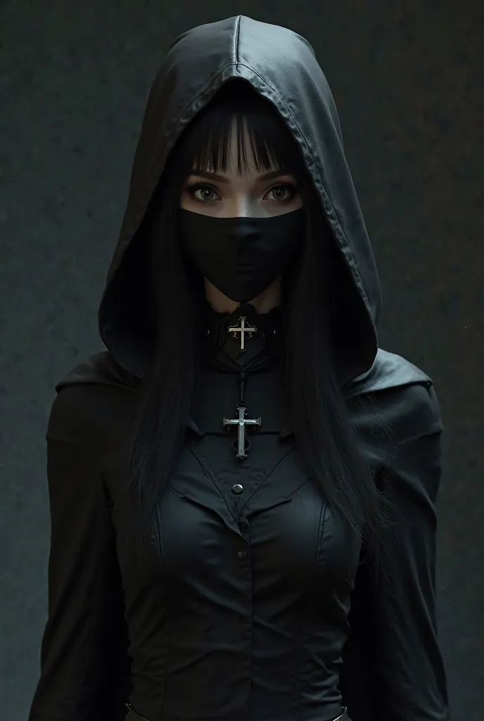 A white girl with long black hair wearing,with a black hood, An all-black outfit glued with a cross on the black silver collar with a black mask on the mouth with black eyes anime 3D