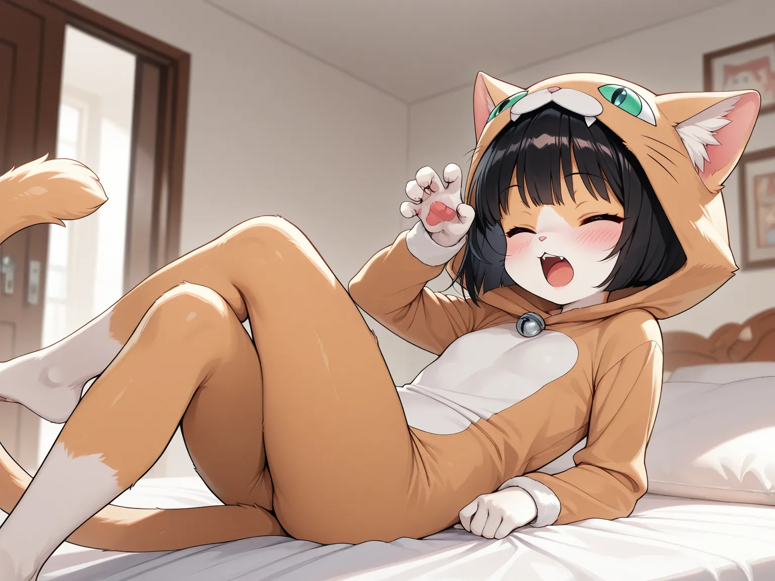 1 cute Girl ,cute fur ,furry, cat face\sham cat, cat girl, (Alluring, blush, tooth, bob cut\black), Extremely cute, (cross legs,  cute pose, 🐈 costume ), bedroom, Background, Yawn:1.3, (TOP QUALITY:1.2, very detailed, High Detailed CG Illustration,  Soft F...