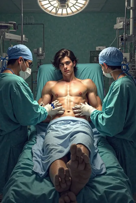 Opposite angle of a handsome young prince with dark hair, detailed muscles toned and located on the surgical platform, is being operated by the doctors