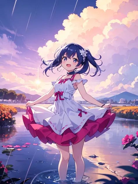 「A scene where an anime-style girl is dancing happily in the rain。She is wearing a brightly colored dress、Raindrops fall on her hair and clothes and shine brightly。There are puddles of water all around her、The earth comes alive as it rains。The sky is cloud...