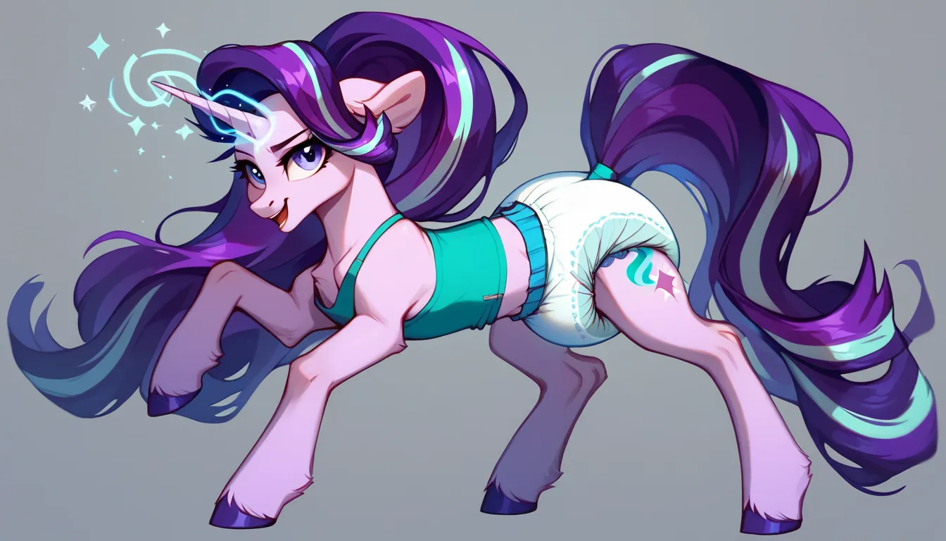 pony unicorn alone , Starlight Glimmer, adult mare, purple mane with blue strand, purple eyes, kind face expression, stands on four hooves, hind hooves are widely spaced, purple tail with blue strand, wearing a green tank top and a thick diaper, solo, simp...