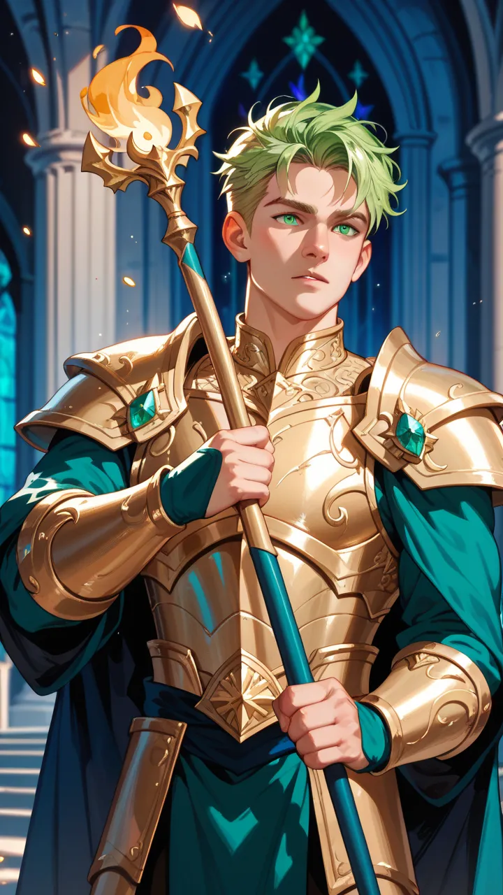 Elven man with blond hair. From his hands comes fire magic. He has heavy golden armor. His gaze is stinging. He has light green eyes. Background is a big dark castle.