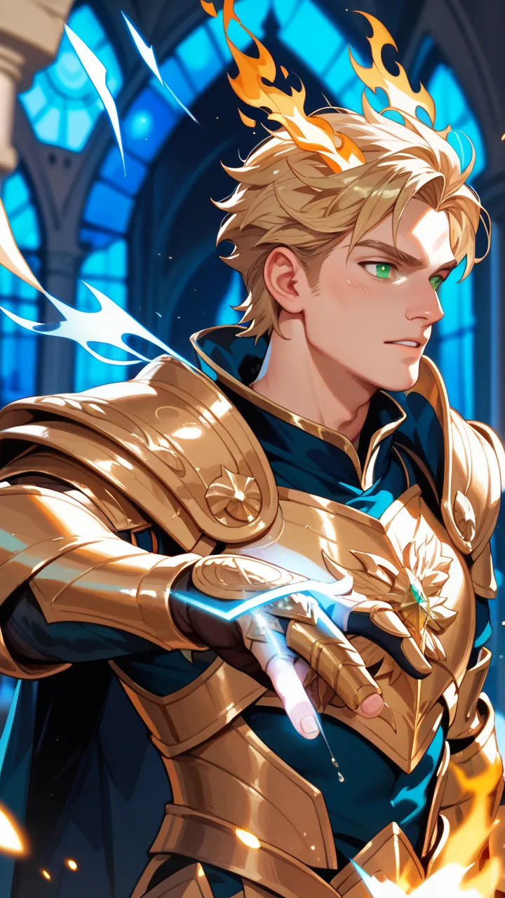 Elven man with blond hair. From his hands comes fire magic. He has heavy golden armor. His gaze is stinging. He has light green eyes. Background is a big dark castle.