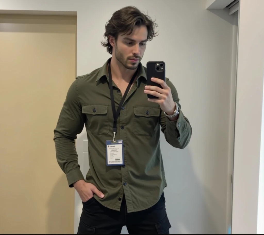 a very tall, athletic, big muscles , wide shoulders handsome man with beautiful face and beautiful jawline with beard. he wears long sleeves dark green shirt and black fitted cargo pants. He has tousled, wavy messy dark black hair, he taking a mirror selfi...