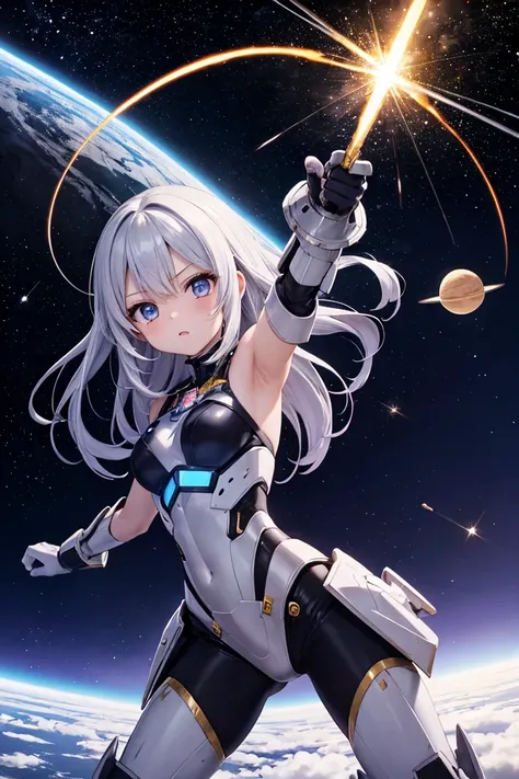 「an anime-style girl fighting a giant robot in outer space。she wears silver armor、has a glowing sword in her hand。a star behind her々and a shooting star sparkles、you can feel the intensity of the battle。a scene that emphasizes the vastness of space and the ...