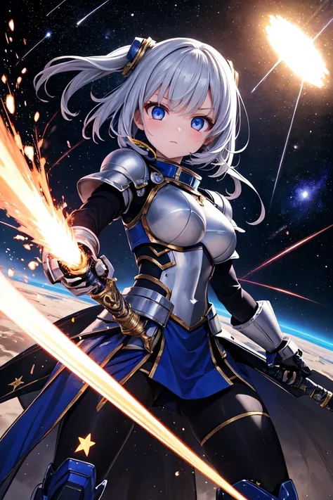 「an anime-style girl fighting a giant robot in outer space。she wears silver armor、has a glowing sword in her hand。a star behind her々and a shooting star sparkles、you can feel the intensity of the battle。a scene that emphasizes the vastness of space and the ...