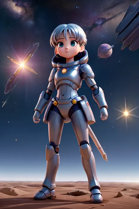 「an anime-style girl fighting a giant robot in outer space。she wears silver armor、has a glowing sword in her hand。a star behind her々and a shooting star sparkles、you can feel the intensity of the battle。a scene that emphasizes the vastness of space and the ...