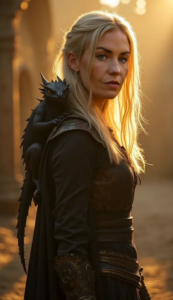 Cinematic scene: a beautiful Viking woman with a slender figure and shoulder-length blonde hair, with a small dragon on her shoulder, a dramatic and mysterious atmosphere, super realistic style, warm golden lighting, high detail, 4K resolution.