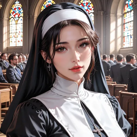 (1 girl, standing, medium breasts, black and white nun dress, in churches), (realistic, photo-realistic:1.2), (best quality, 4k, 8k, highres, masterpiece:1.2), ultra-detailed, HDR, UHD, studio lighting, ultra-fine painting, sharp focus, physically-based re...