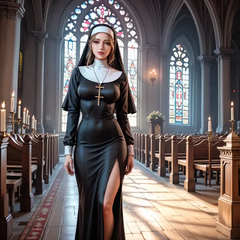 (1 girl, standing, medium breasts, black and white nun dress, in churches), (realistic, photo-realistic:1.2), (best quality, 4k, 8k, highres, masterpiece:1.2), ultra-detailed, HDR, UHD, studio lighting, ultra-fine painting, sharp focus, physically-based re...