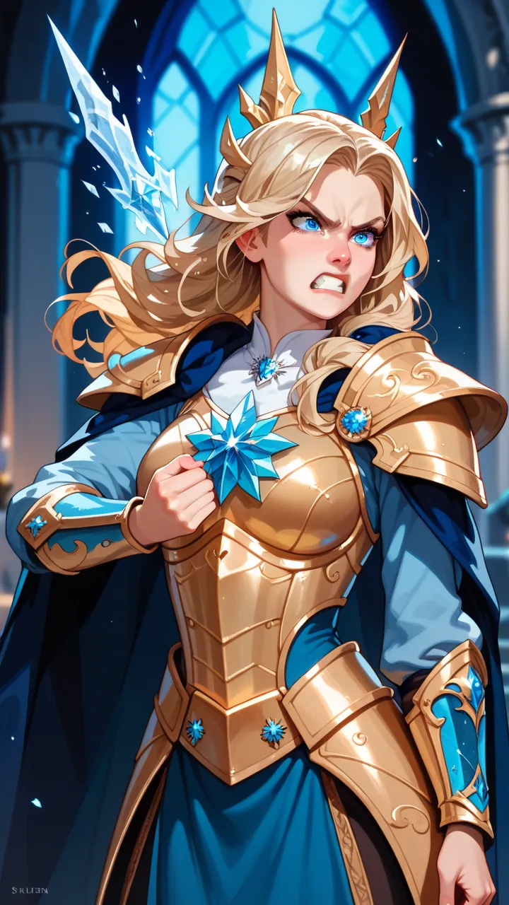 Elven woman with blond hair. From her hands comes frost magic. She has heavy golden armor. Her gaze is stinging and angry. She has light blue eyes. Background is a big dark castle.