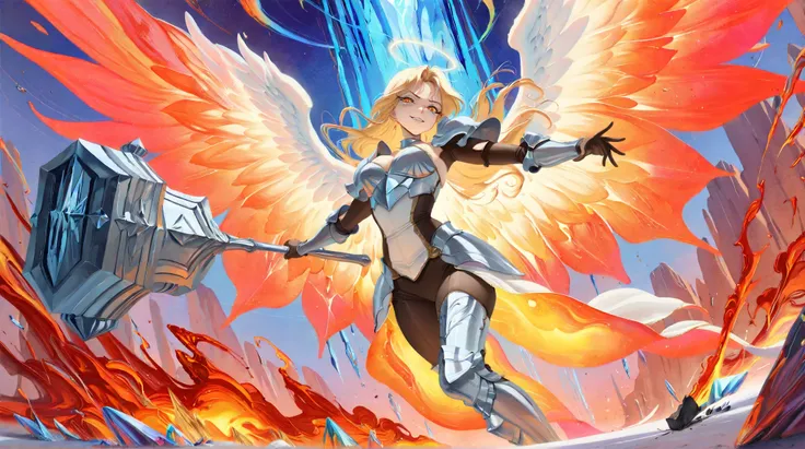 ((TOP QUALITY)),( Ultra High Definition),( very detailed),( detailed description ),((  best CG  )),(  BEST ARTWORK  ),  ultra-precise art,  wonderful painting art,( Exquisite Art:1.5),  Female Angel Knight ,  beautiful and well-groomed face, Sharp Eyes, Cl...