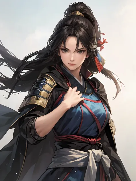     beautiful dark-haired woman turning sideways to the left ：1.3,   amazing character art  , Hanfu,((   pure white background)), ( TOP QUALITY),   handsome，  a female knight with tremendous muscular physique {x} and a beautiful female knight with blue oda...