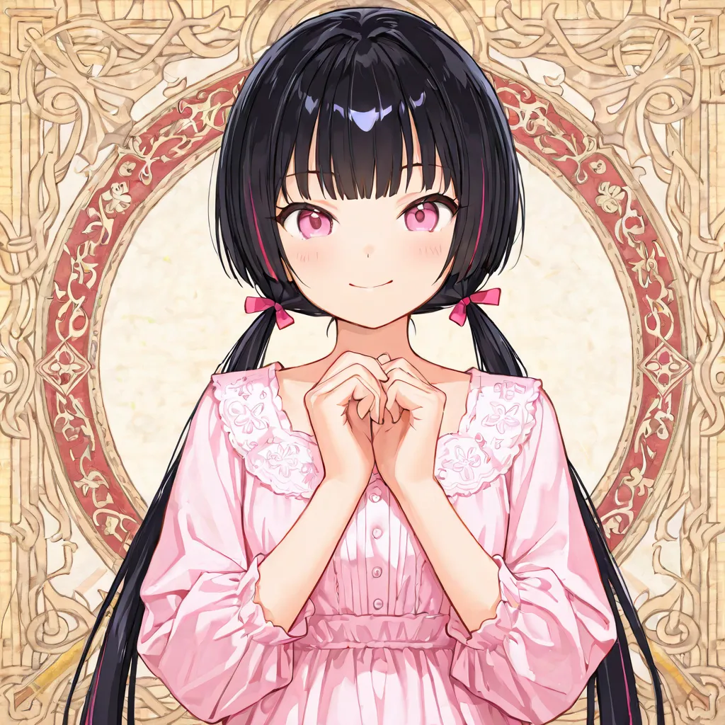  black hair　twin tails　 Princess cut　 girls on the left　 pink eyes　clothing is a Western-style dress with Chinese elements　 Cheerful Smiles 　Slightly to the right is an innocent　art hands