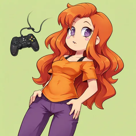 chica, Caucasian,  thin,  purple eyes, rough and sexy look , pechos grandes, long wavy hair, Dark redhead. orange shirt and video game controller. Crear stickers. green background.