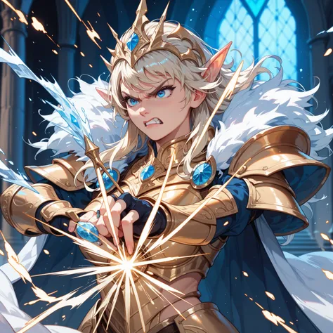 Elven woman with blond hair. From her hands comes frost magic. She has heavy golden armor. Her gaze is stinging and angry. She has light blue eyes. Background is a big dark castle.