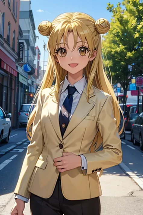 (exceptional, best aesthetic, new, newest, best quality, masterpiece, extremely detailed), masterpiece, blazer, suit_jacket, jacket, shirt, pant_suit, 1girl, solo, mitsuki_fullmoon, open_mouth, smile, looking_at_viewer,hair_bun, drill_hair, city