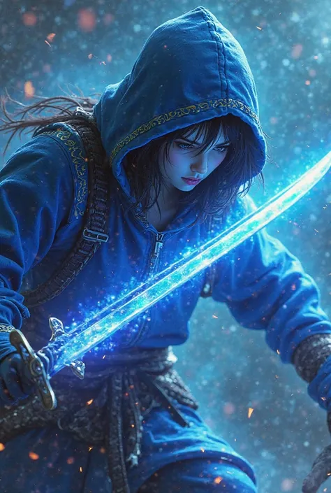 Create an ai video of a girl of age 20 in neon blue hood with golden neon borders and a Japanese ninja hat with a sword unleashing a beam of power against a monster , the girl should be slashing the monster facing it, The monster must be visible.please add...