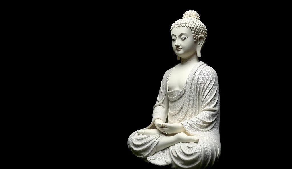 The Buddha is placed at the right edge 20%, left side open, black background, and Buddha is taken from a Dutch angle.