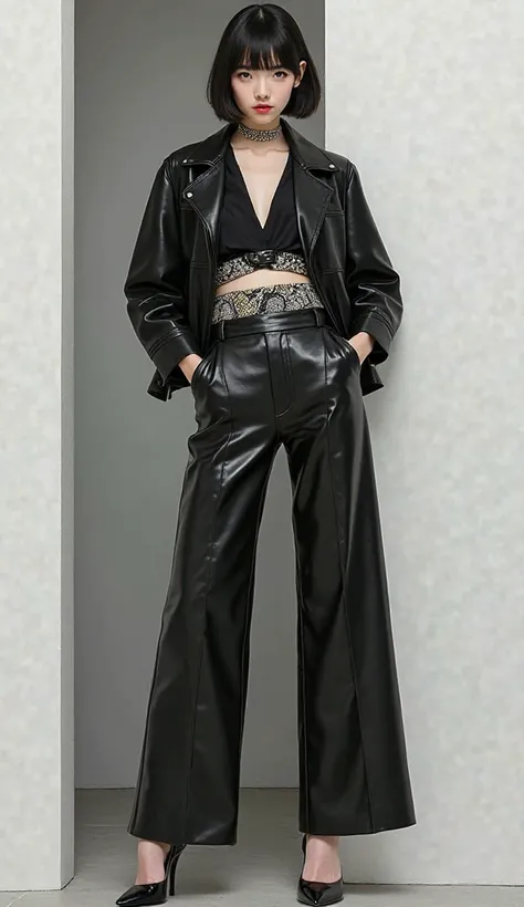 Japanese young fashion beauty in black leather japanese women jacket with snakeskin belt in black leather flared pants in black patent leather heels