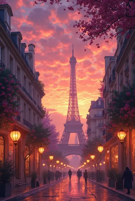Paris with sunset at the back with pink skies and lanterns from tangled