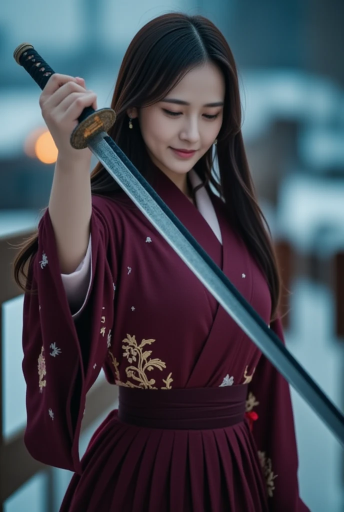 A cinematic close-up of a woman standing in a defensive posture, holding a katana horizontally in front of her face. Her right hand grips the hilt tightly near the guard, while her left hand supports the blade closer to the base, both hands steady and pois...