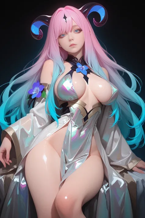 masterpiece, best quality, amazing quality, very aesthetic, mystical succubus with long gradient hair framed by blooming flowers and iridescent orbs she is dressed in a gentle flowing robe that blends seamlessly with the surroundings the image is infused w...