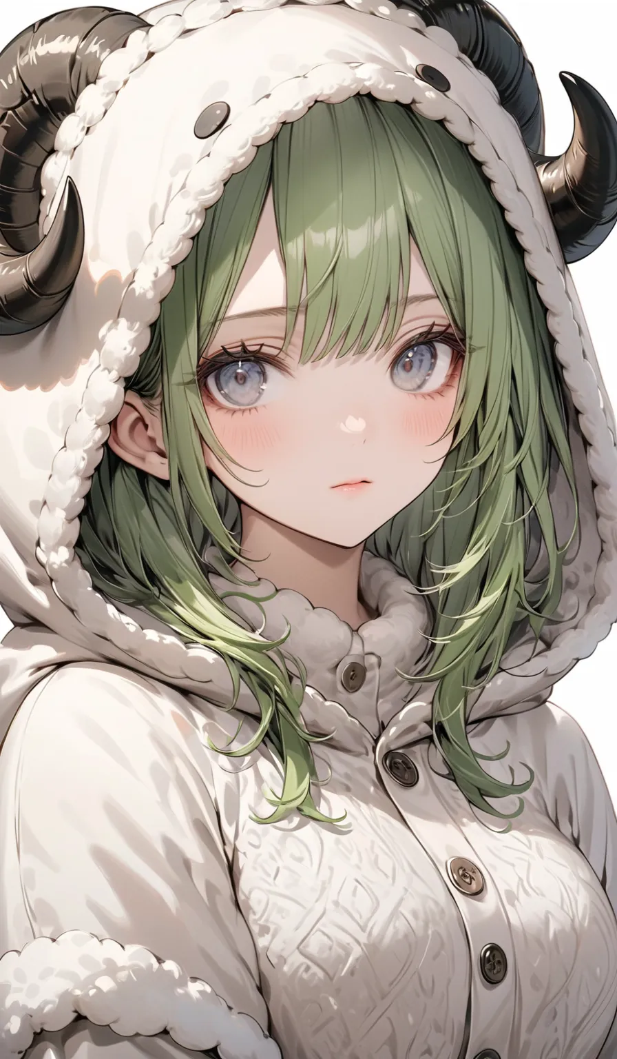 8k resolution, Masterpiece, Master work, perfect proportion, semi-realistic, focus on face, 1woman, busty, small face, mad green hair:1.3, gray eyes, empty expression:1.2, modern and elegant art style, detailed outlines and shadows, empty background:1.3, w...