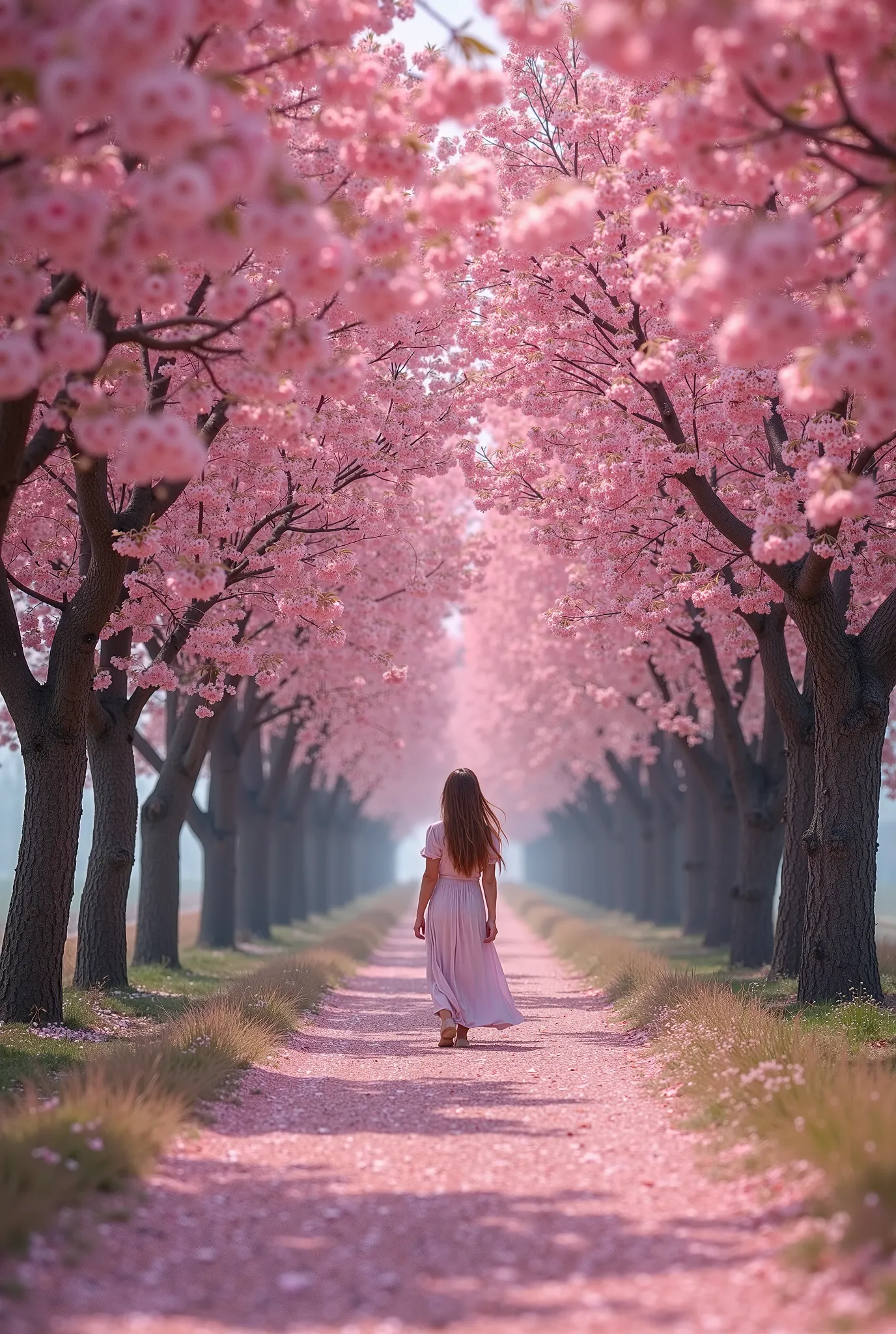 araffe woman walking down a path lined with  pink tree 々,   Bernardino May Pictures,  Pexels contest winner ,  romanticism , in Pink Forest, Pink Forest, Cherry Blossom Forest, Blooming Road to Heaven ,  pink tree 々, Cherry Tree, Cherry Treeの下で,  breathtak...