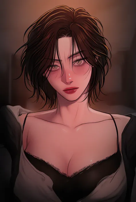 ((masterpiece)), ((high detail)), ((perfect image)), a beautiful middle-aged rich woman with a dominant gaze. She has a slim yet elegant body, fair skin,  blue eyes, and sharp facial features. Her short black hair falls just past her shoulders with a well-...