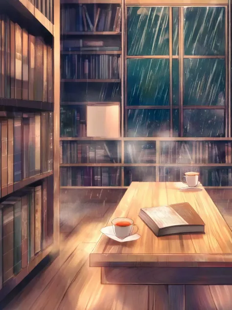 Old Library, rain, Bookshelf by the window ,  space surrounded by books, Soft, warm light,  Steaming Tea, A serene time , The smell of wood, rain音,  nostalgic